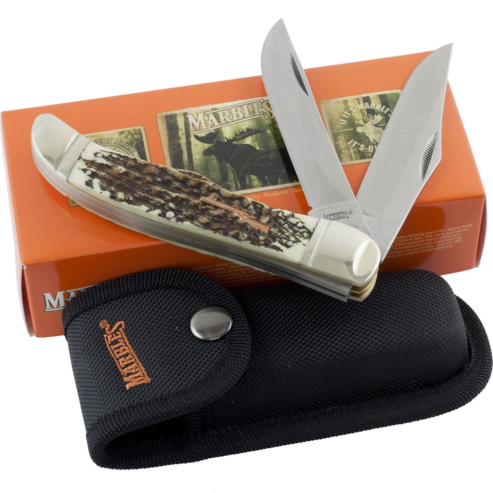 Marbles Imitation Stag Handles Folding Hunter Pocket Knife MR417 Sheath
