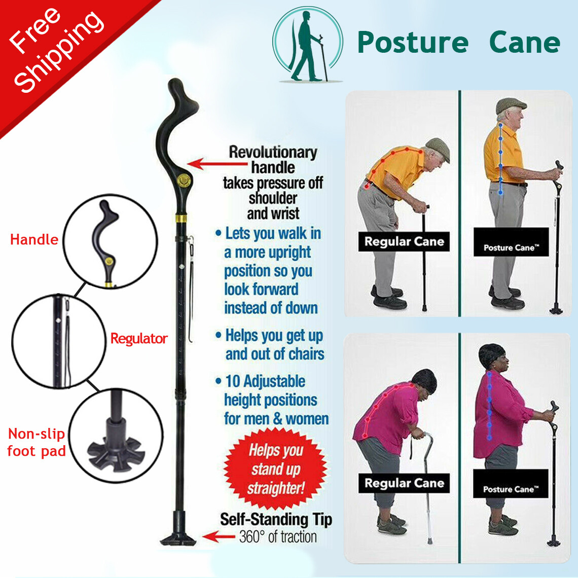 Folding Adjustable Walking Stick Cane 4 Head Pivoting Trusty Base Posture Cane