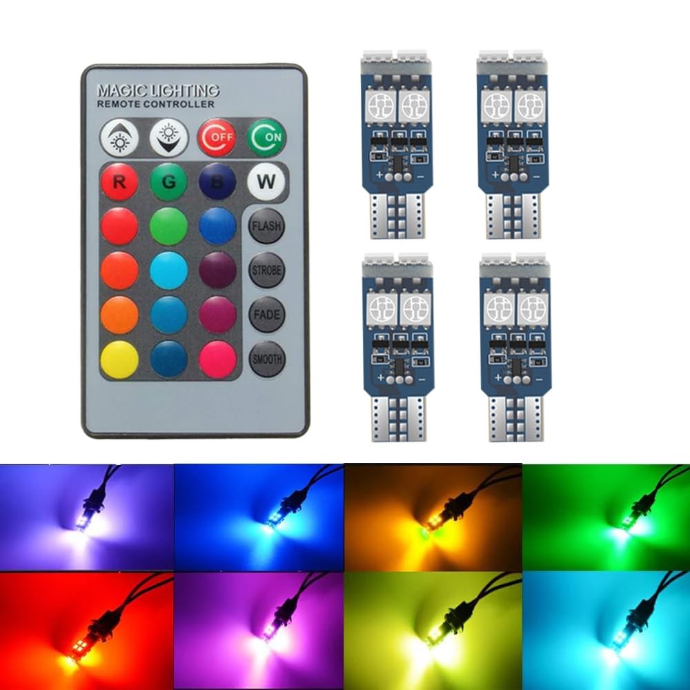 194 W5W 168 RGB T10 LED Light Bulb with Remote Control Atmosphere Lights for ...