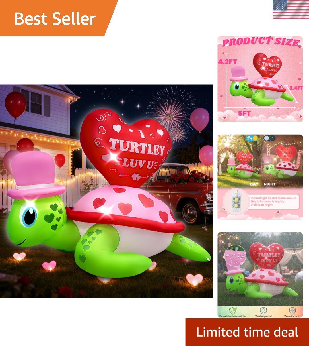 4.2FT Valentines Day Inflatables Turtle with Heart, Romantic Blow Up pink
