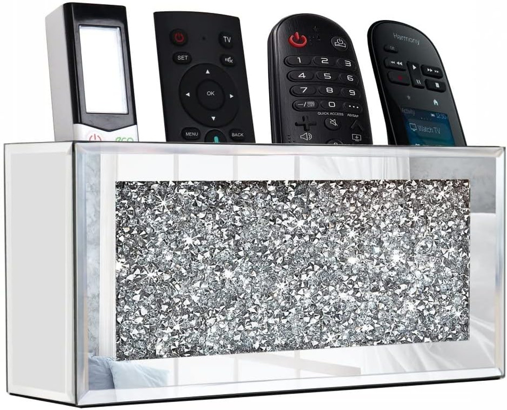 Mirrored Remote Holder Wall Mounted Crush Diamond Bling Decoration Organizer