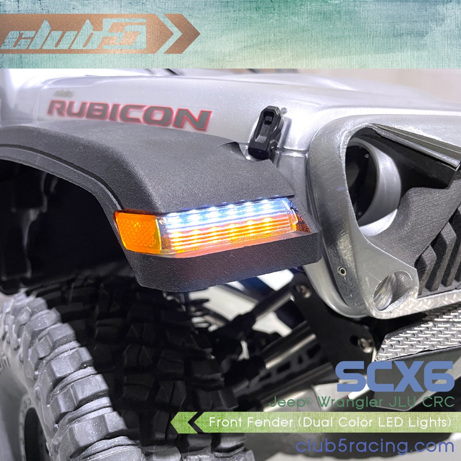 1/6 Scale Front Fender ( Dual Color LED Lights ) for SCX6 Jeep JLU Wrangler