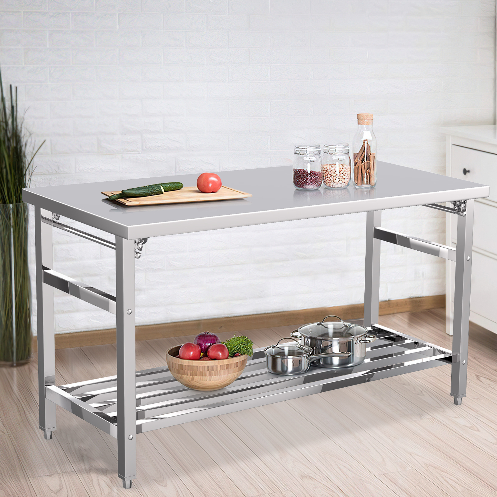 Stainless Steel Workbench 24 x 60 Inche Folding Table with Adjustable Undershelf