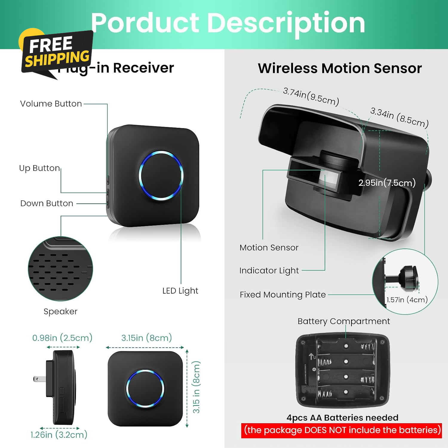 Wireless Driveway Alarm Motion Sensor 600FT Range 58 Chimes Weatherproof