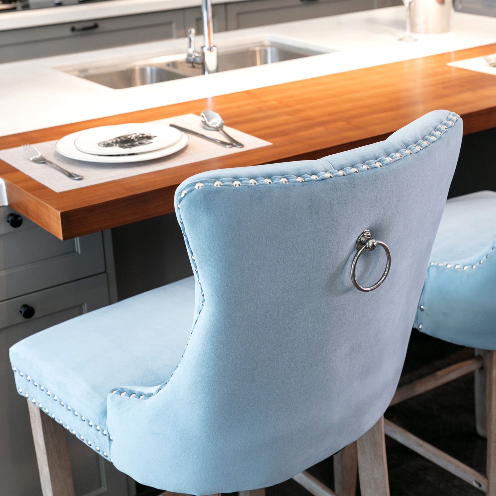 2 Set Velvet Barstools Kitchen Counter Pub Bar Stools Chairs Button Tufted Blue