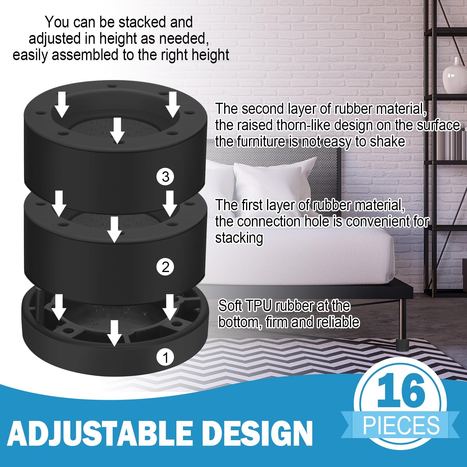 16 Pack Black Heavy Duty Stackable Adjustable Bed Furniture Risers
