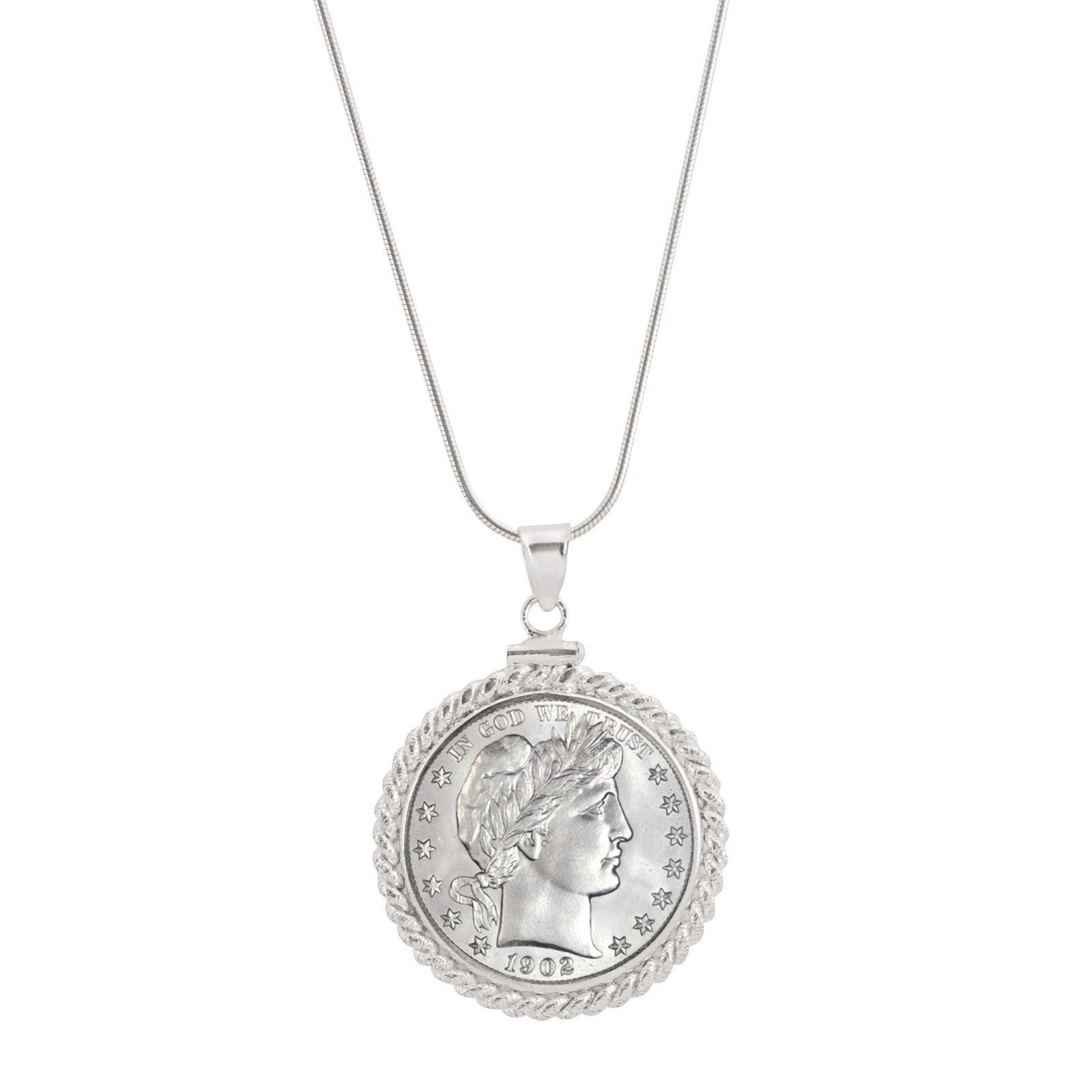 NEW Sterling Silver Twisted Wire Silver Barber Quarter Coin Pendant 12654