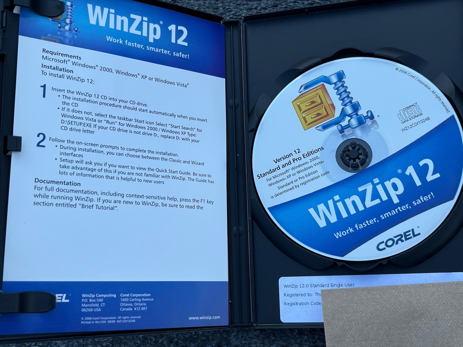 COREL Winzip 12 Software CD Windows Standard And Pro Editions W/ Key