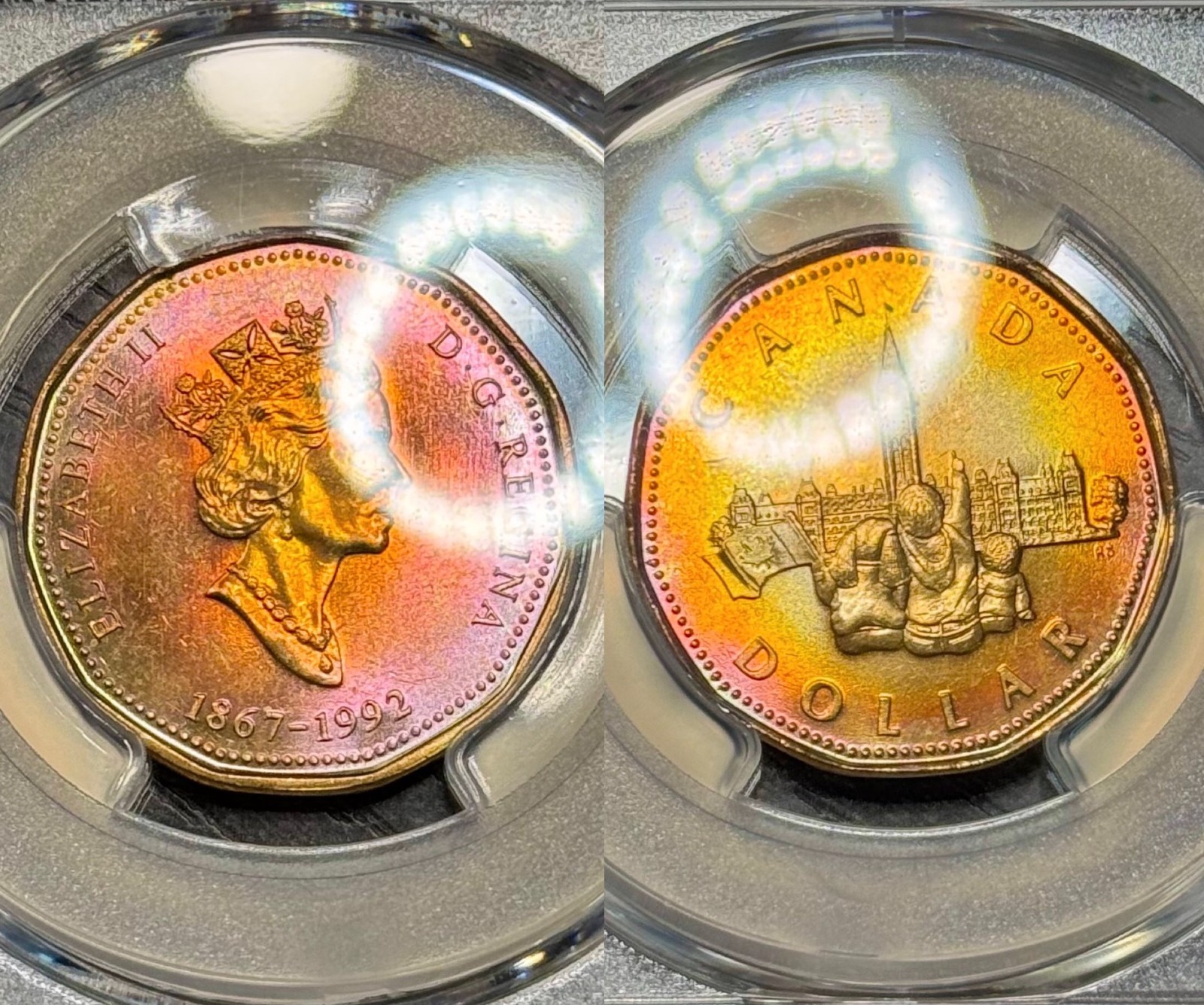 MS66 1992 $1 Canada 125th Anniversary 1 Dollar, PCGS Trueview- Rainbow Toned