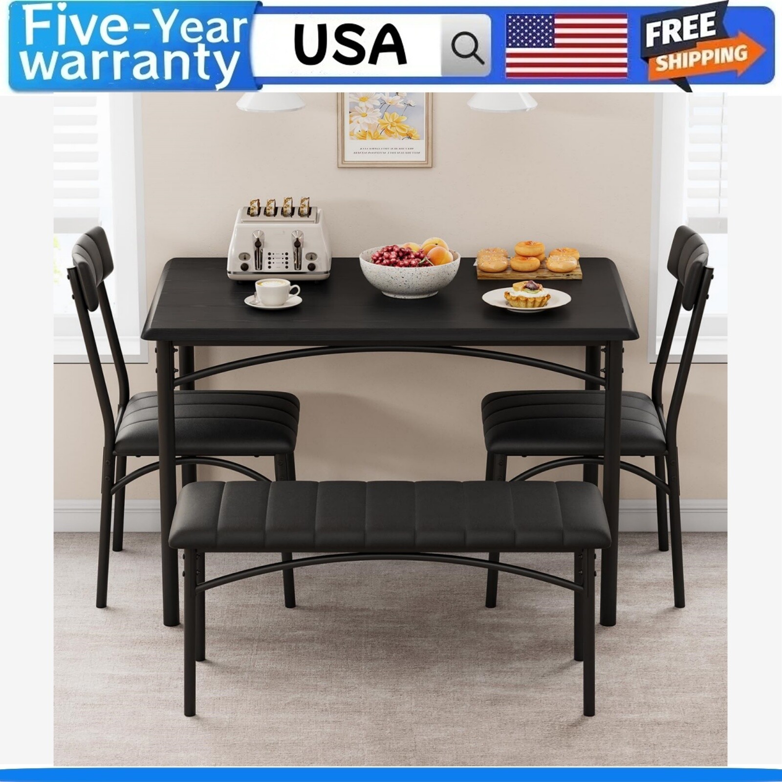 🔥Dining Table Set for 4 Kitchen Table W/Upholstered Chairs and Bench Rectangula