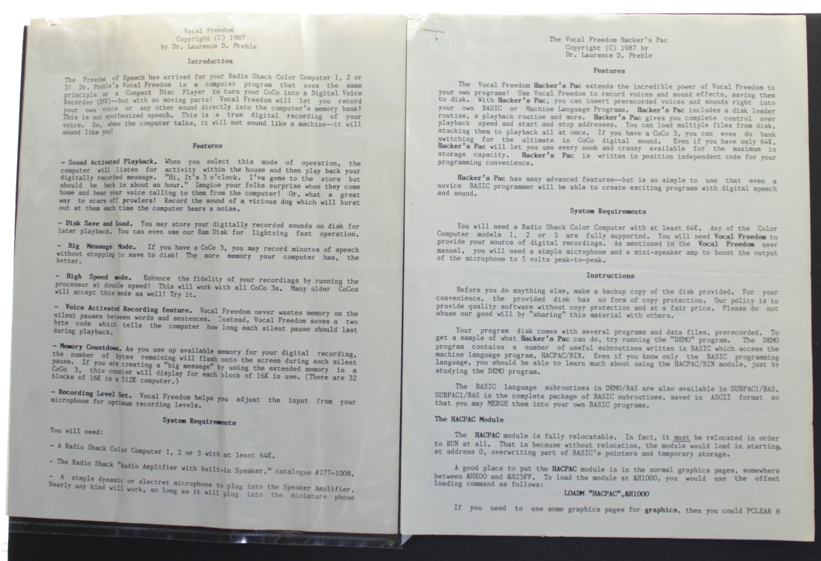 RARE Tandy CoCo Vocal Freedom Hacker's Pac Manual - Dr. Preble 1987 - 7 Pages