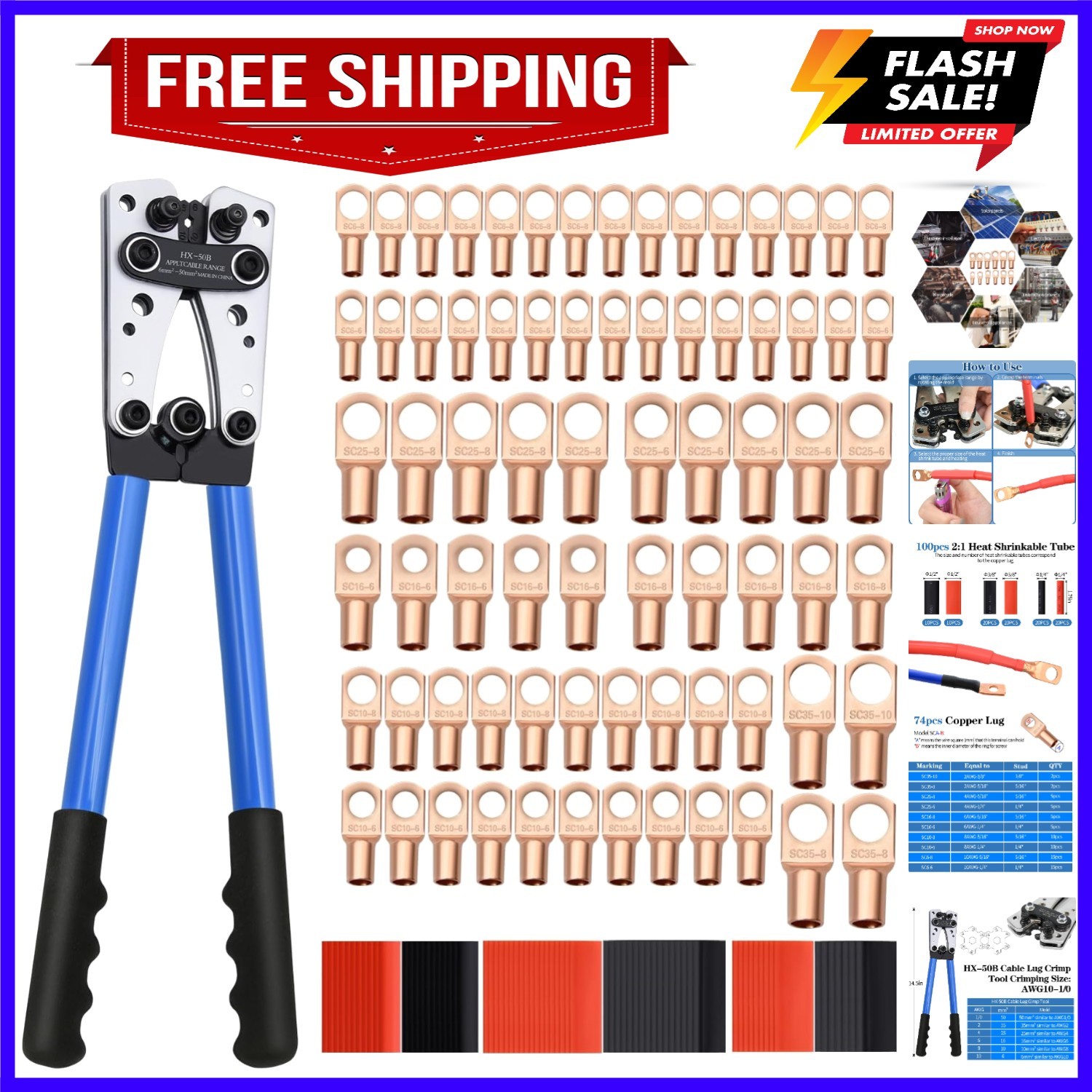 Cable Lug Crimping Tool with 74pcs Copper Wire Lugs, 100pcs Dual Wall Adhesiv...