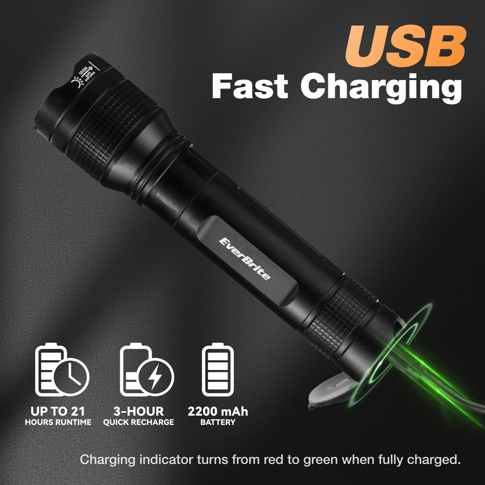 EverBrite 3000LM Rechargeable LED Flashlight Super Bright Zoomable for 5 Modes