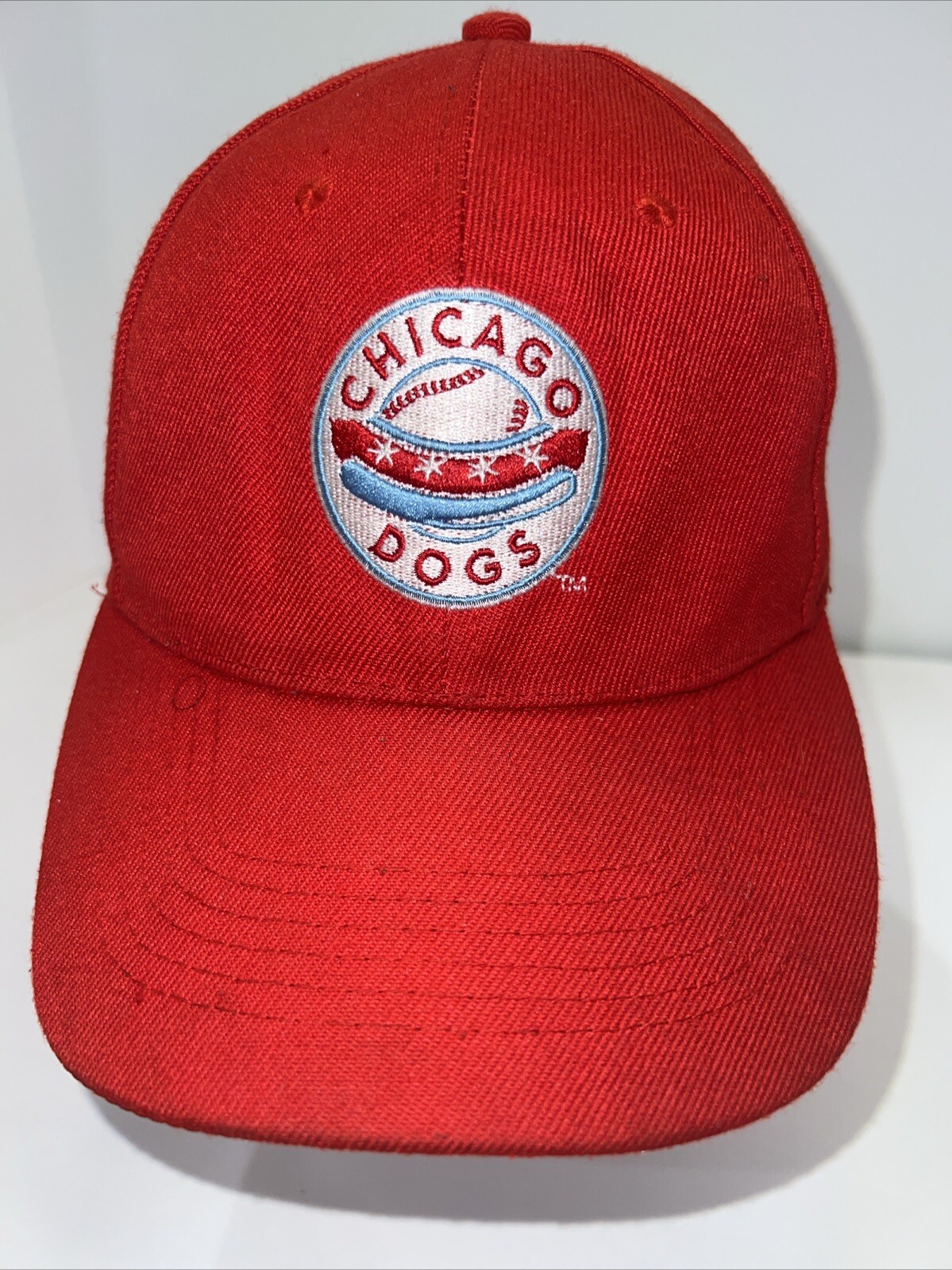 Chicago Dogs Patch w Baseball & Hot Dog on Front of Red Hat Cap Hook Loop