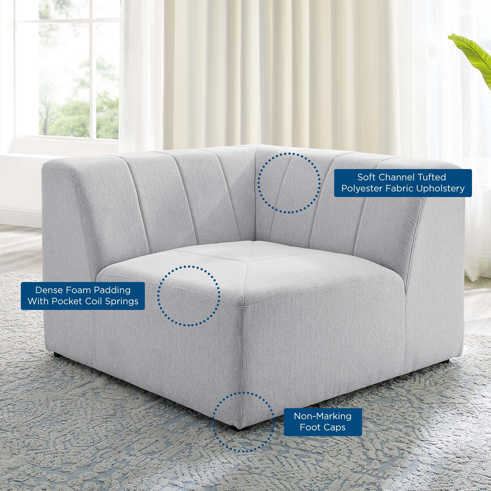 Modway Bartlett Channel Tufted Upholstered Sectional Sofa Corner Chair in Ivory