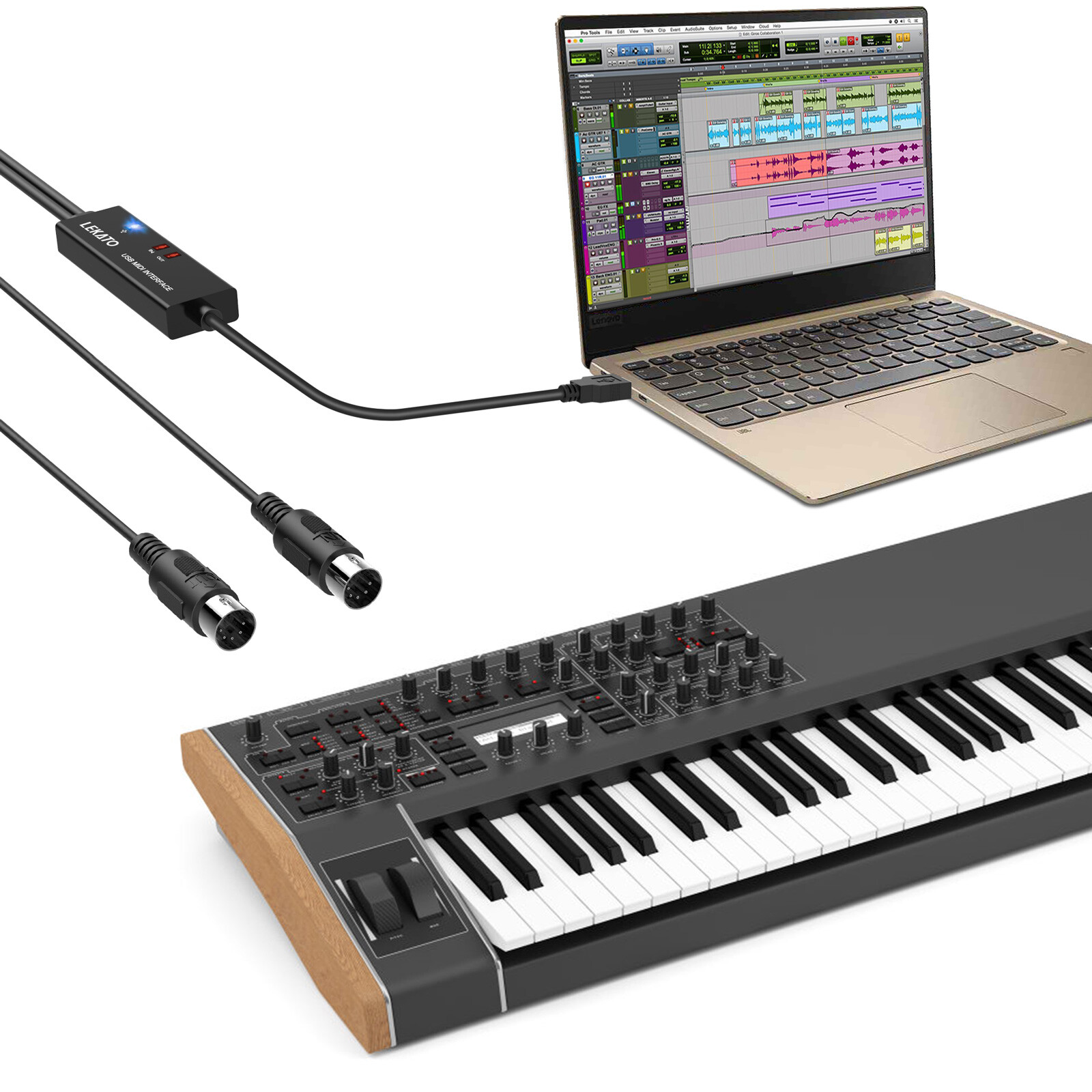 LEKATO 6.5Ft MIDI Cable MIDI to USB Cable with Input & Output for Recording