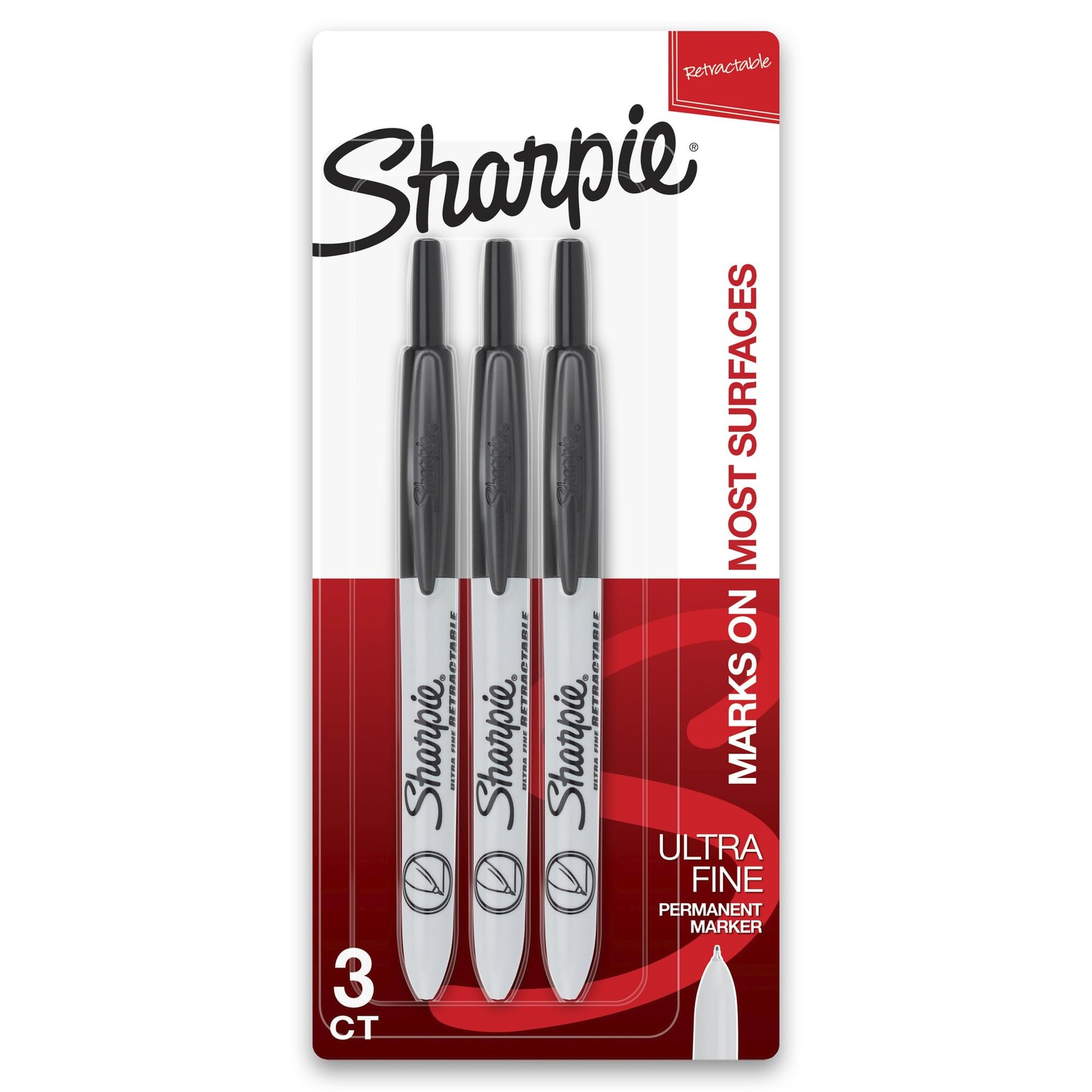 Retractable Permanent Markers, Ultra Fine Point, Black, 3 Count