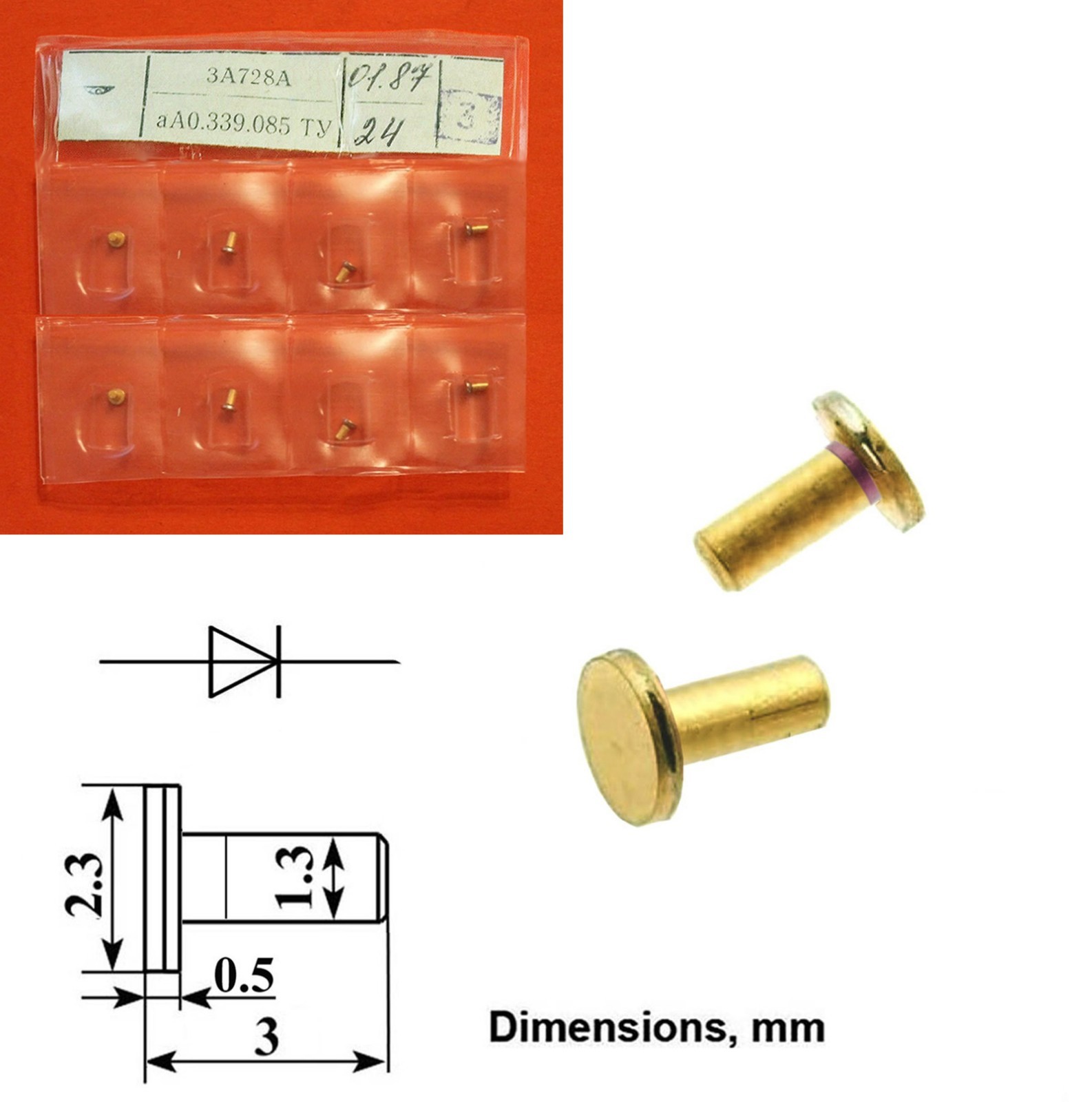 Microwave Ka-Band Gunn Oscillator Diode 3A728G 25.86...37.5 GHz, 50mW Gold USSR