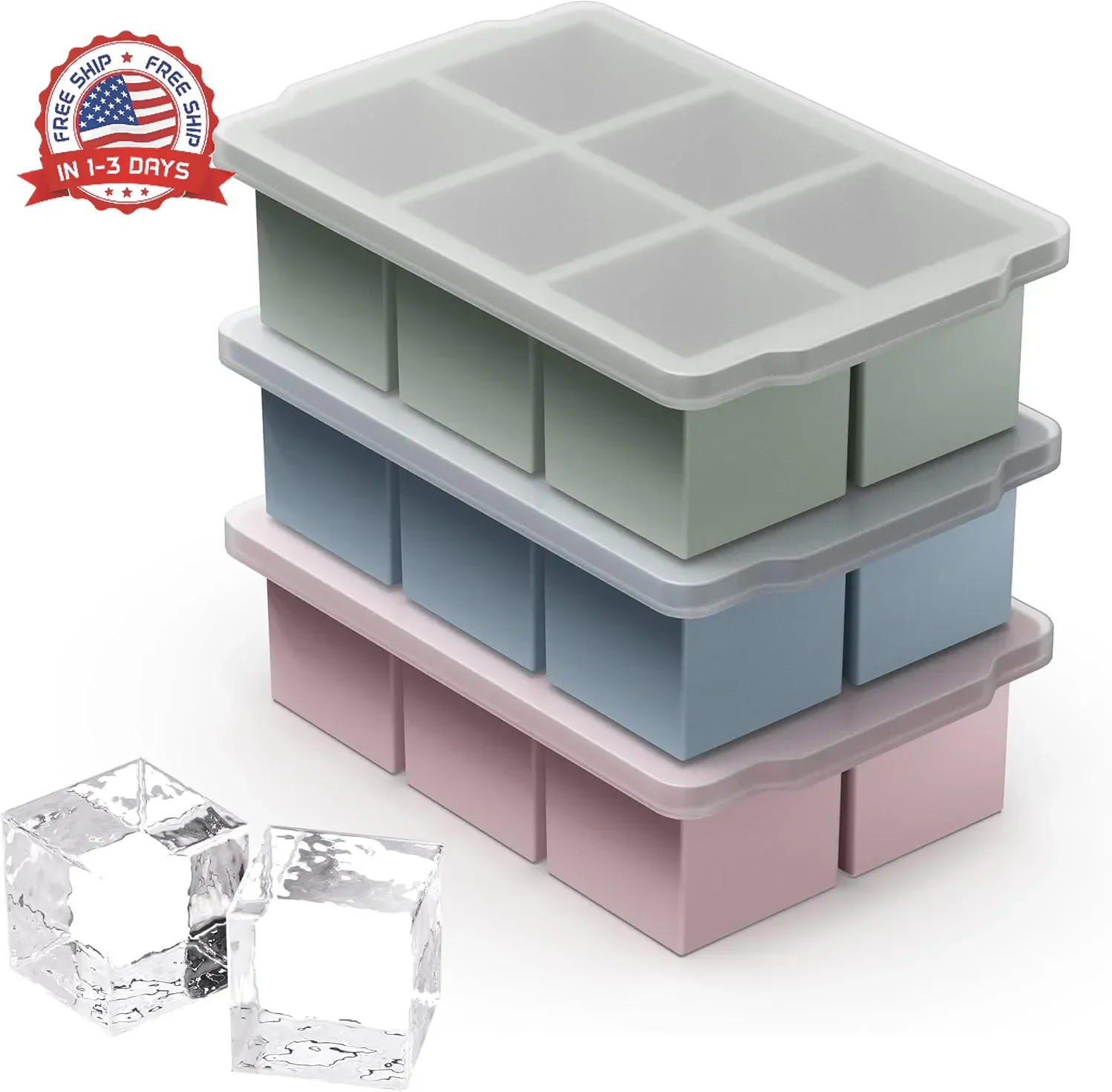 Large Square Ice Cube Molds Silicone Stackable Lid 6 Cavities 3 Packs for Drinks