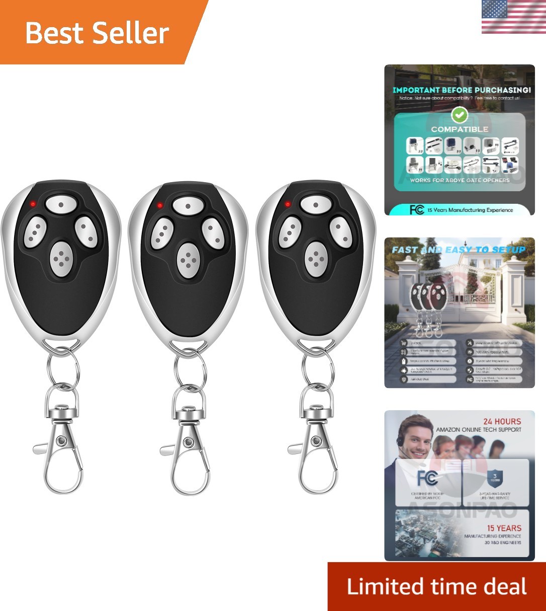 3-Pack Aleko Gate Opener Remote with Rolling Code Security - 4 Device Support