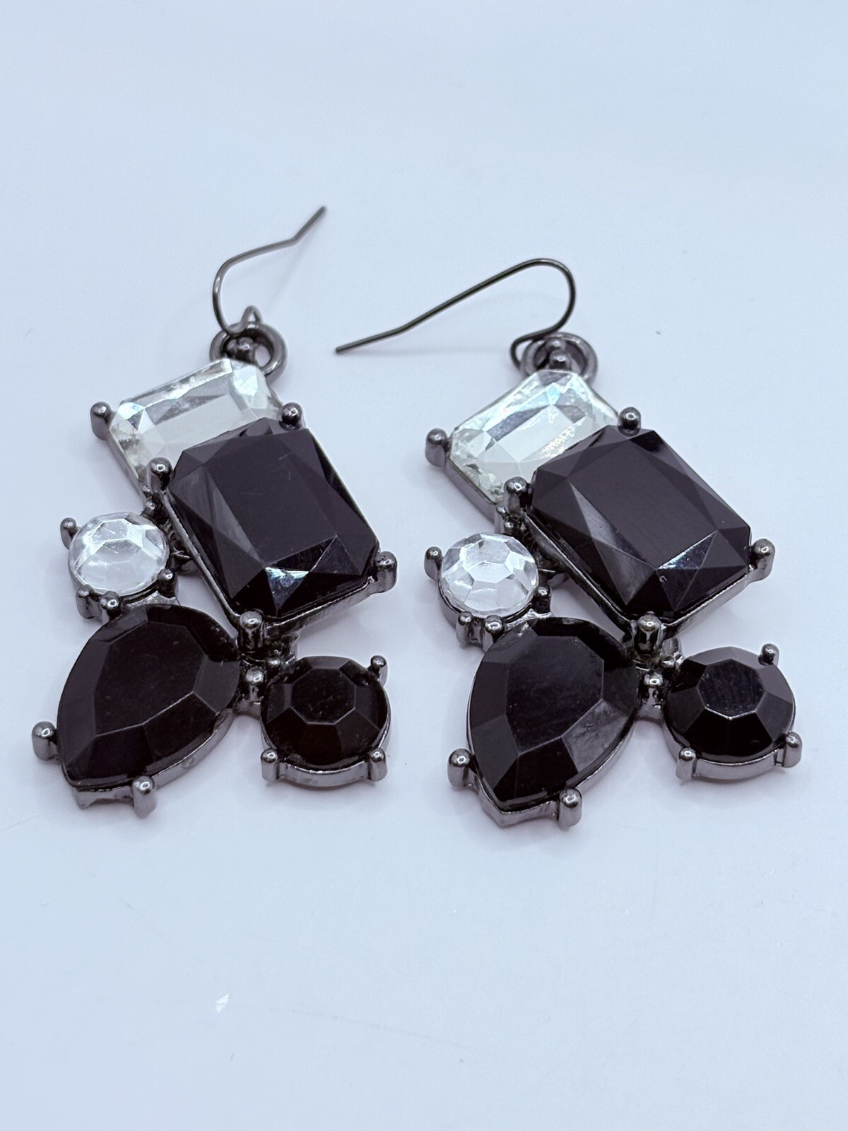 Vintage Black And Clear Rhinstone Earrings Square Teardrop Shapes Retro Dangle