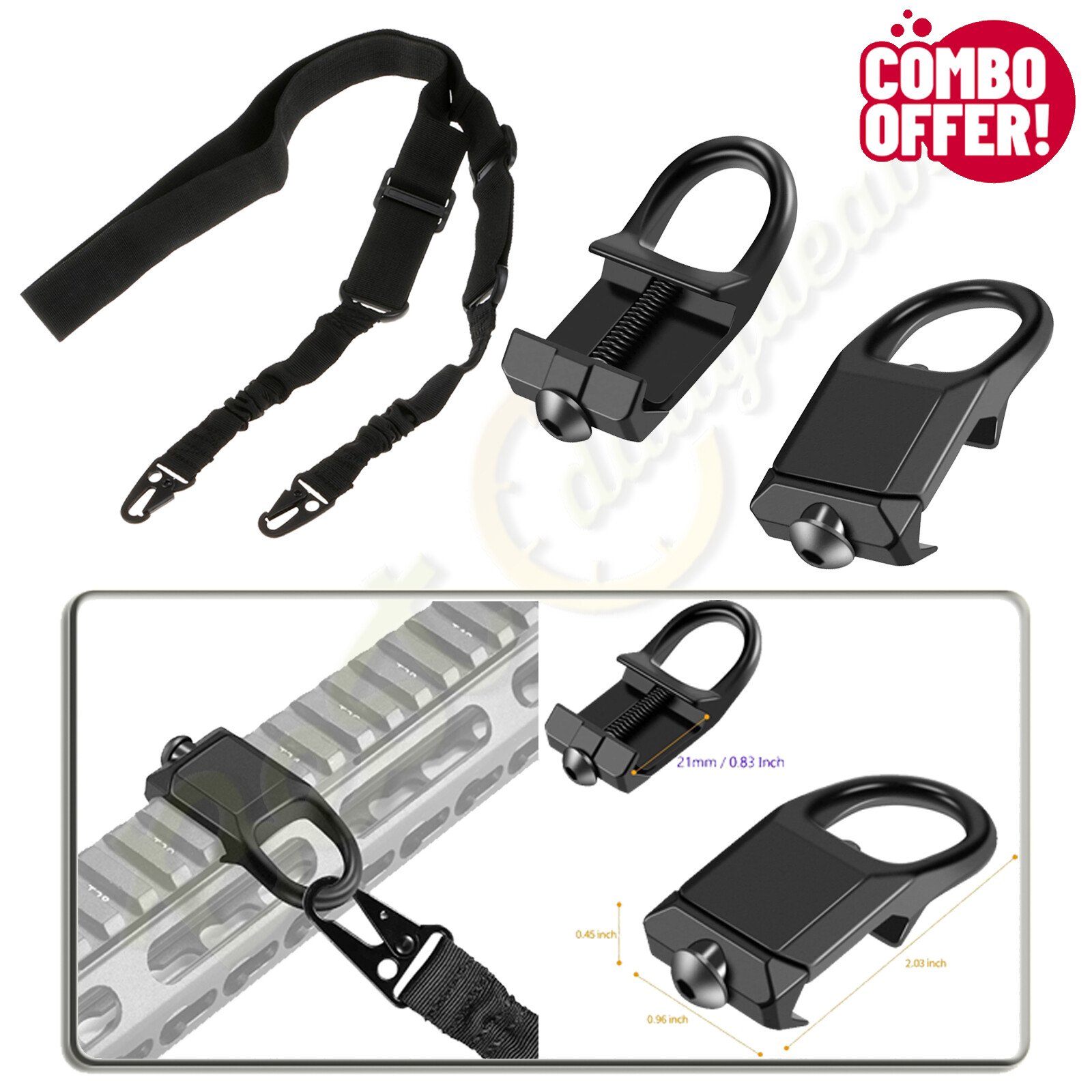 Tactical 2 Point Adjustable Rifle Sling Strap + 2PK Sling Mount Plate Attachment