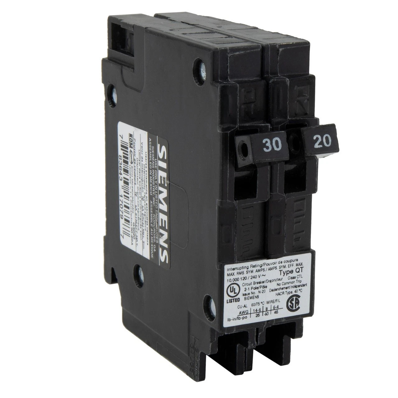 SIEMENS Q3020 30A 20A 120V Circuit Breaker Tandem