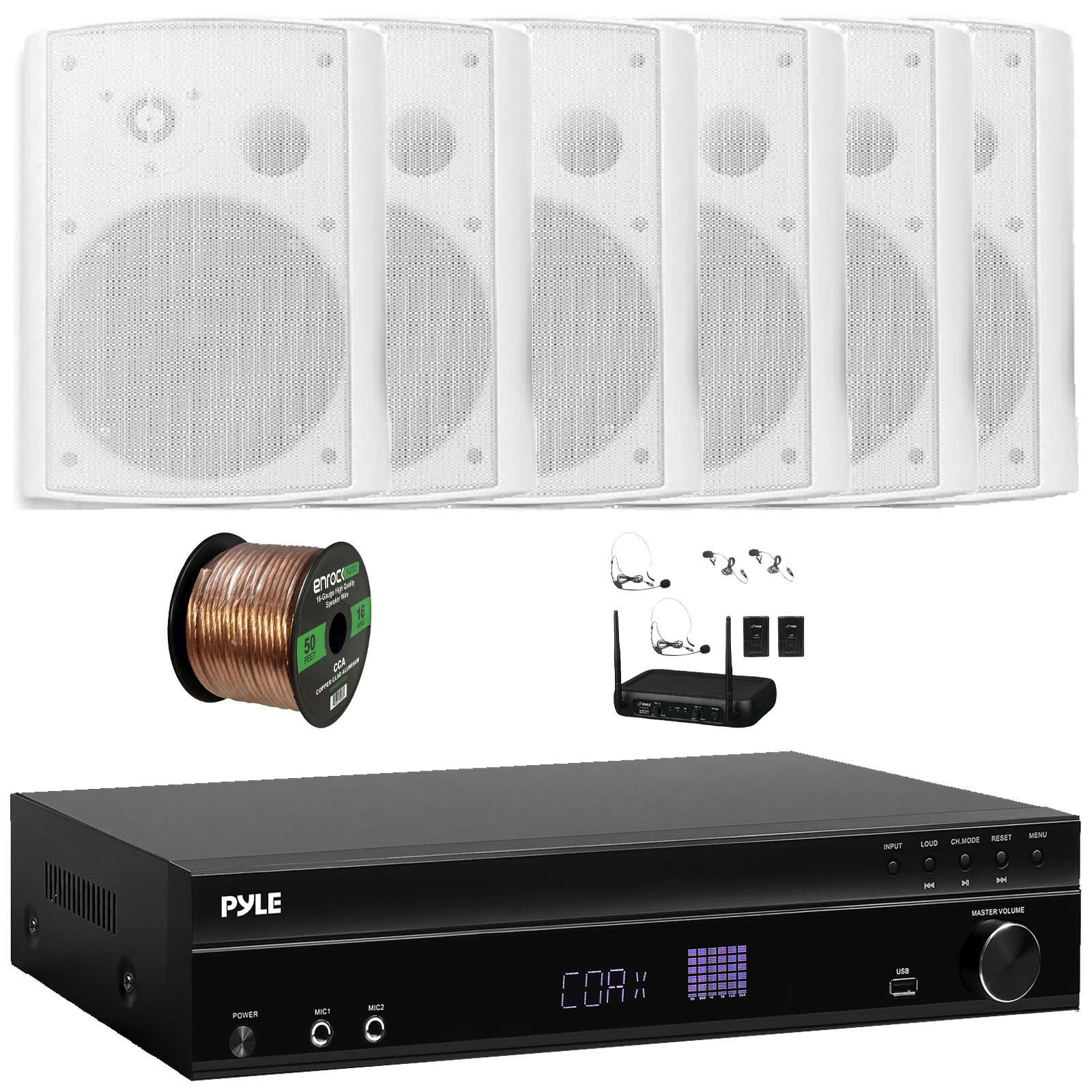 Pyle 1000W Max FM Audio Receiver, 6x 6.5" 500W Max White Speakers + Wireless Mic