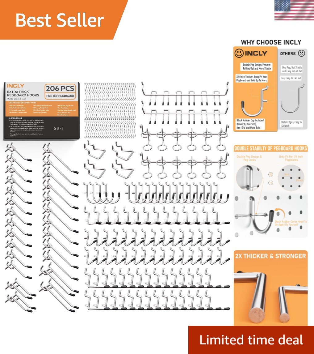 206PCS Heavy Duty 1/4" Pegboard Hooks Set for Hanging Tools | Peg Board Hooks...