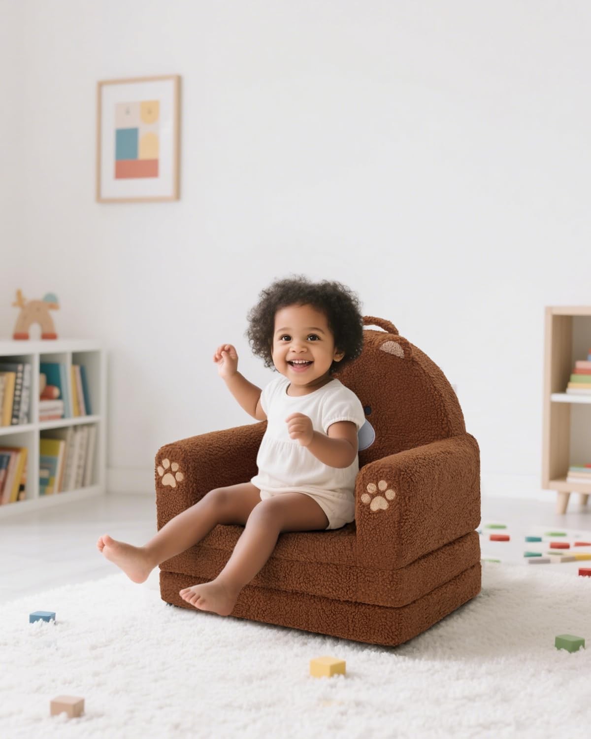 2-in-1 Foldable Toddler Couch, Soft Sherpa Fabric with Washable Cover, Conver...