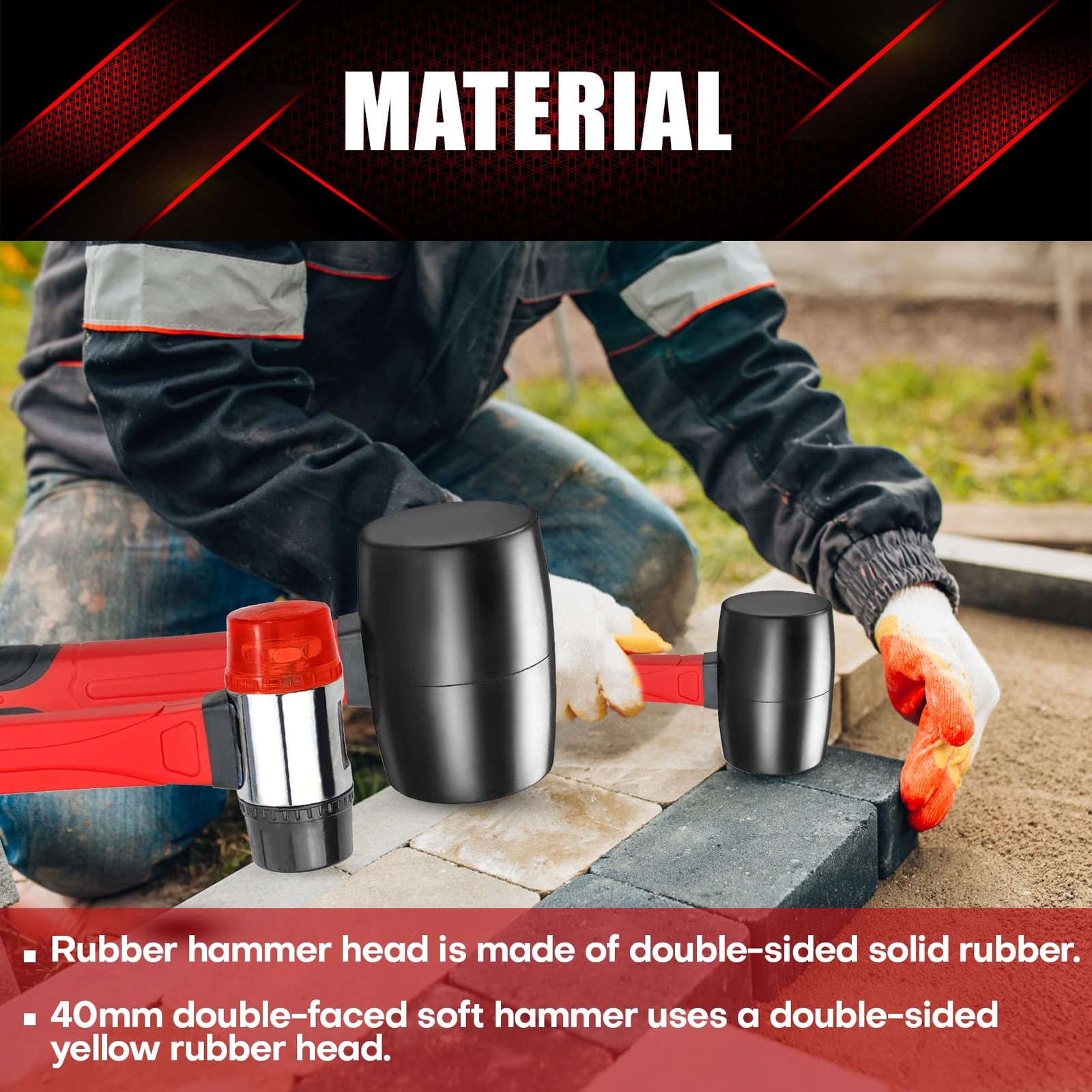 YIYITOOLS 2Pcs Hammer Set, 16oz Rubber Mallet & 40mm Double-Faced Soft Mallet...