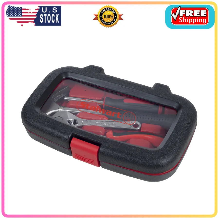 Stalwart 15 Piece Tool Set with Hammer and Multi Bit Screwdriver Red