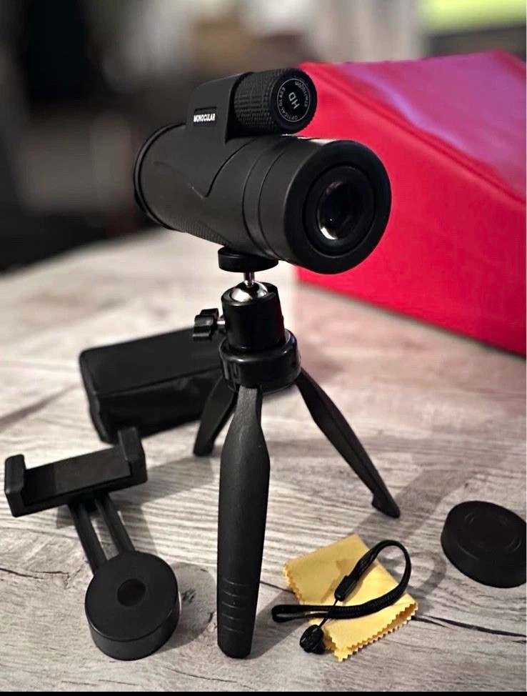 10x Monocular Telescope Black w/ Mini Tripod, Phone Mount, Case & Lens Caps