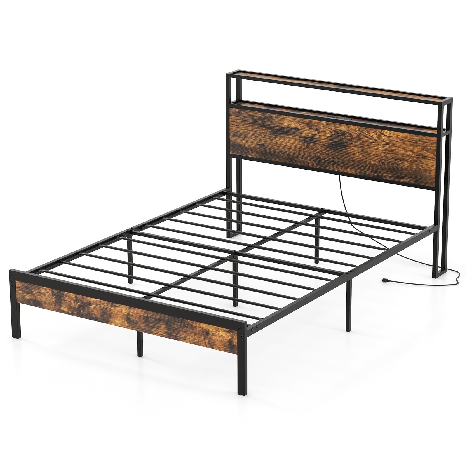 Full Bed Frame w/ Storage Headboard Charging Station 18W USB C Port Rustic Brown