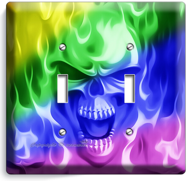 RAINBOW FLAMES BURNING SKULL 2 GANG LIGHT SWITCH WALL PLATE BIKER MAN CAVE DECOR