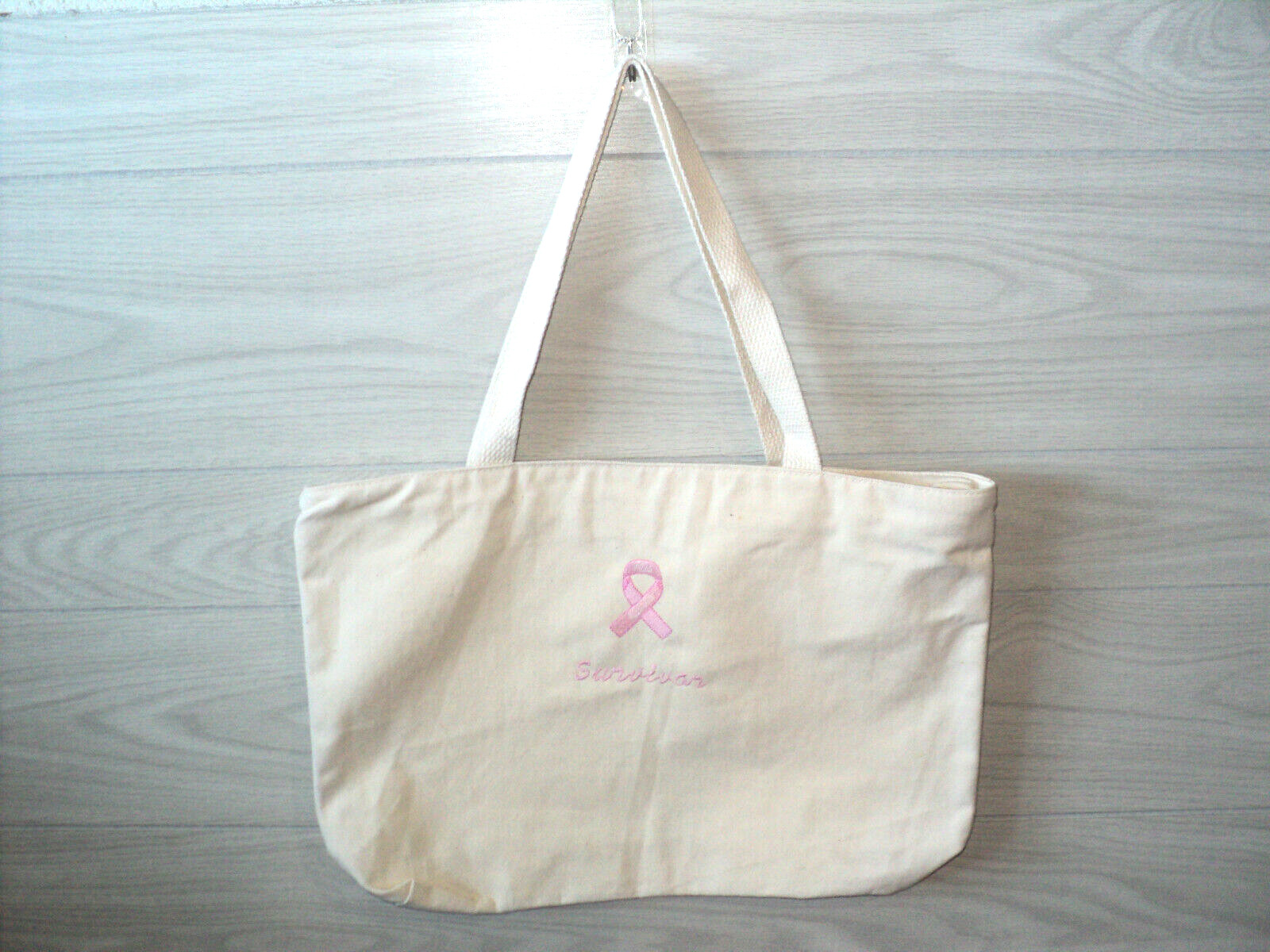 Breast Cancer Survivor Ribbon Embroidered Tote Bag Natural Canvas 19" x 13" NEW