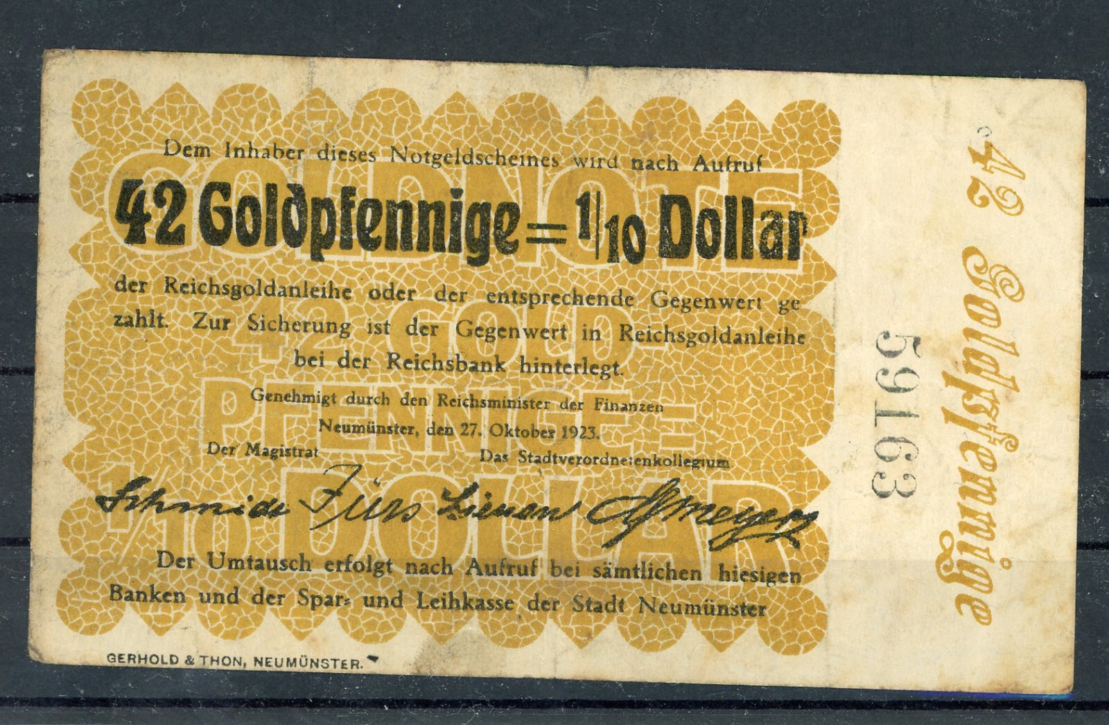 Neumünster 42 Goldpfennige Notgeld Banknote 2/20116
