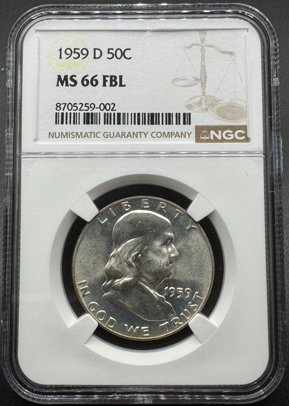 1959-D FRANKLIN SILVER HALF DOLLAR NGC MS66 FBL FULL BELL LINES LUSTROUS 03EFB26