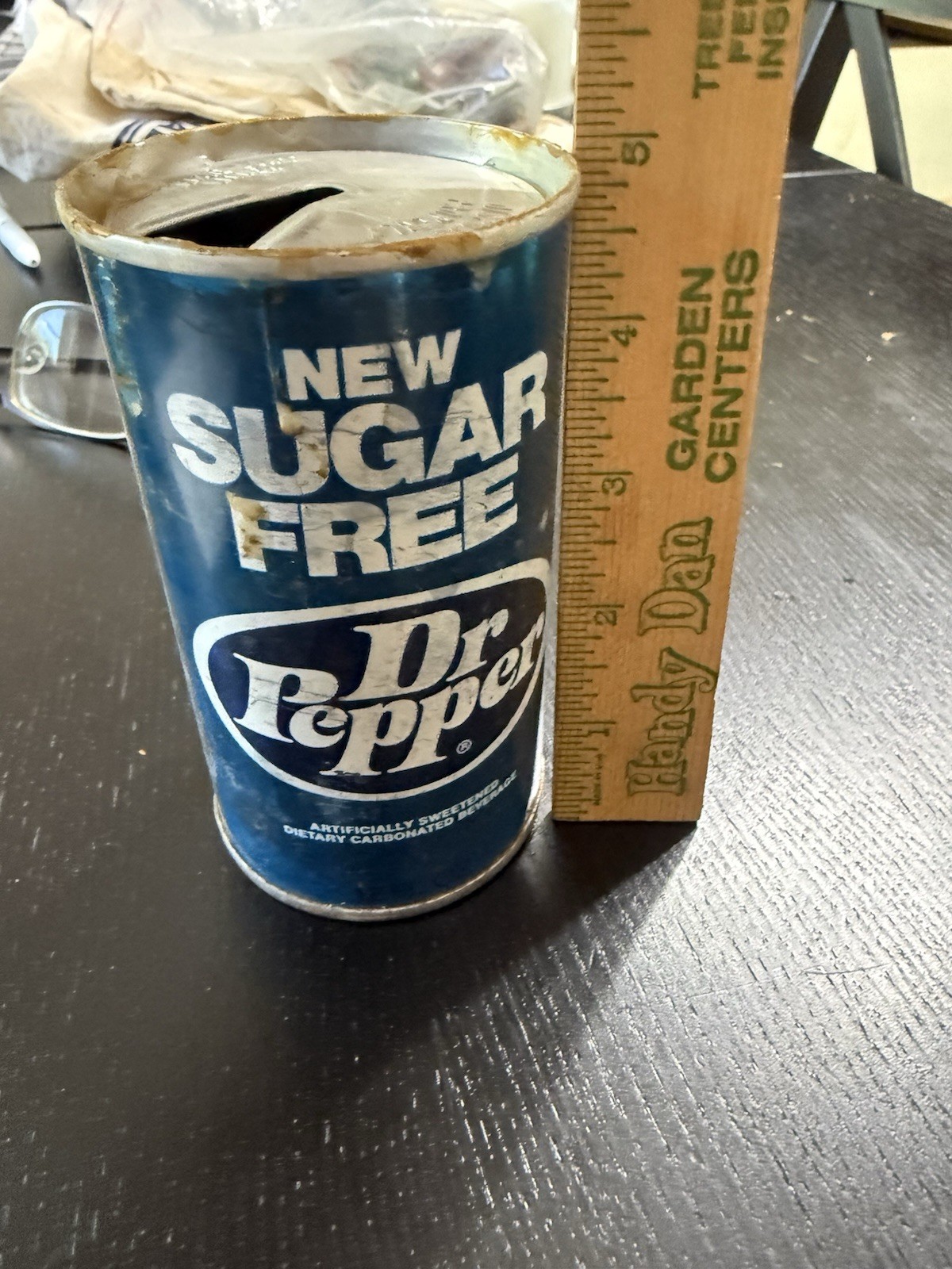 Dr. Pepper Sugar Free Soda Pop Old Vintage 1970s 12 oz Steel Tin Metal Blue Can