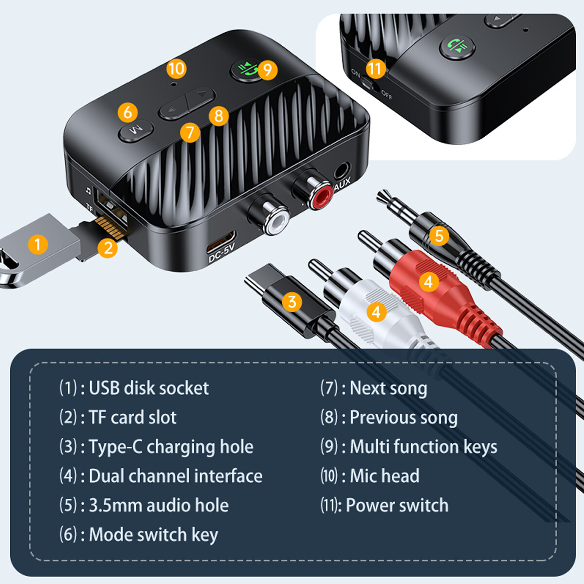 USB Bluetooth 5.3 Transmitter Receiver Wireless AUX to 2RCA Stereo Audio Adapter