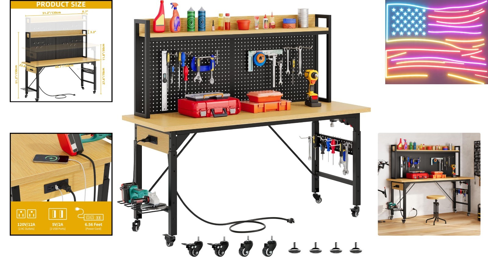 60" Adjustable Workbench with Pegboard, Heavy Duty Wood Top Work Bench with W...