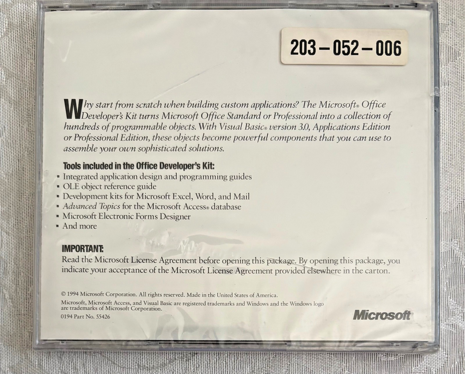 Microsoft Office Developer's Kit CD-ROM 1994 Word Excel PowerPoint New & Sealed