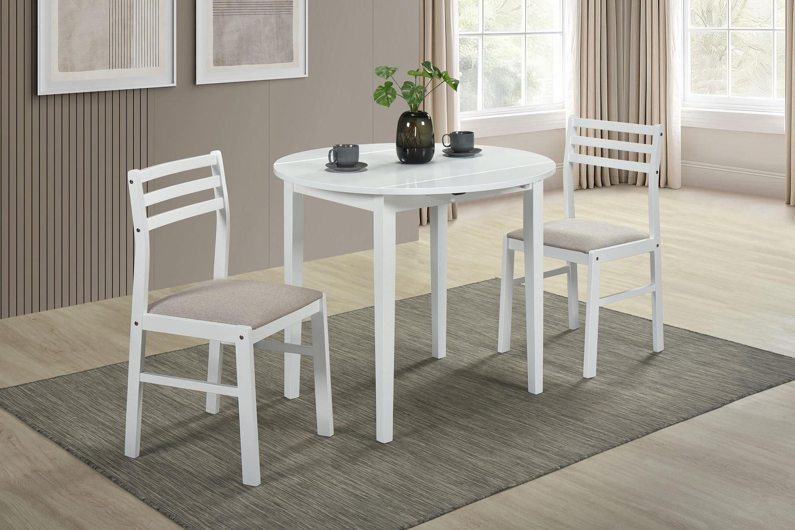 Coaster Bucknell 3-Piece Round Wood Drop Leaf Dining Table Set in White/Beige
