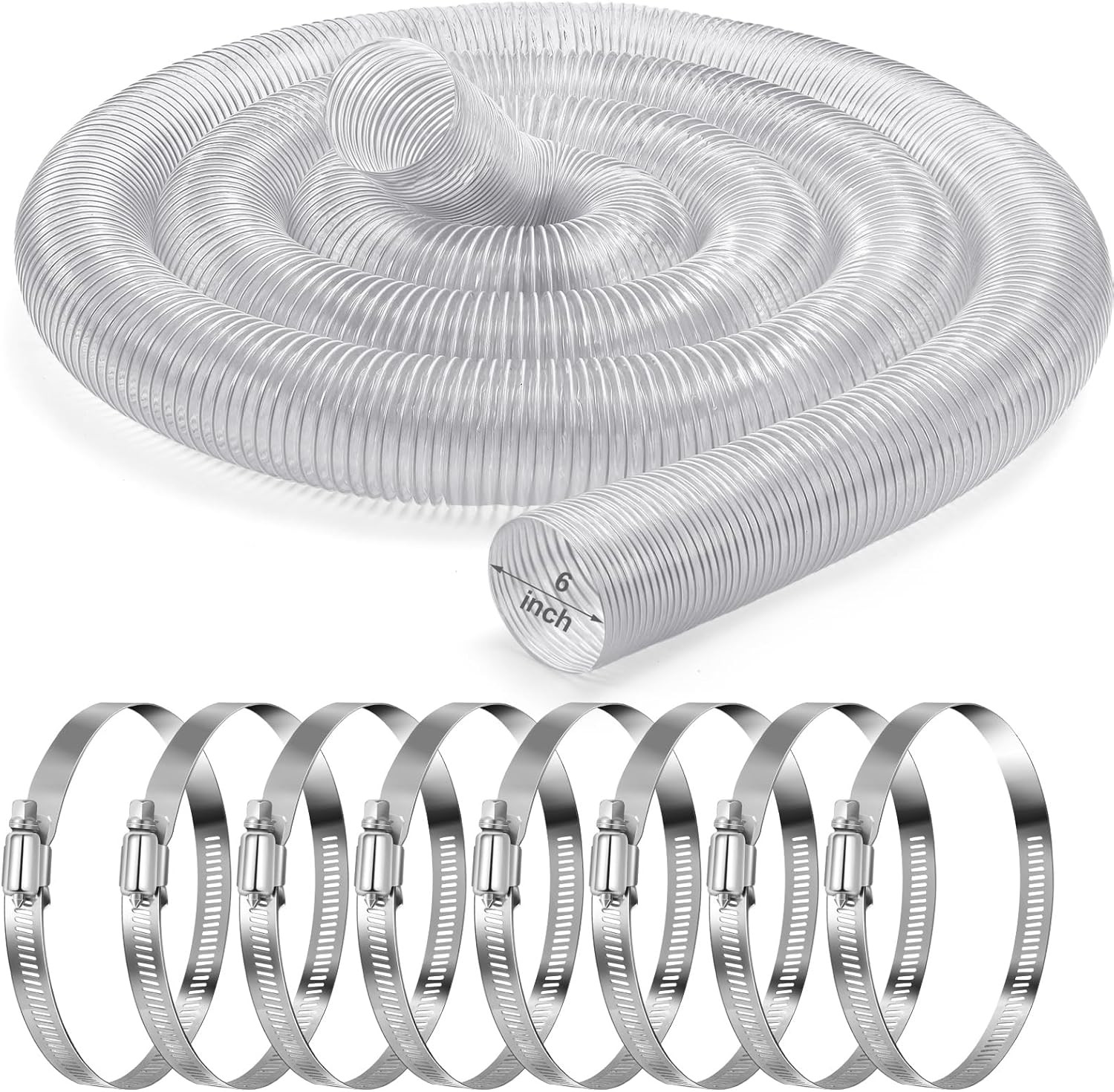 6 Inches 30 Ft PVC Dust Collection Hose with Stainless Steel Clamps Set Flexible