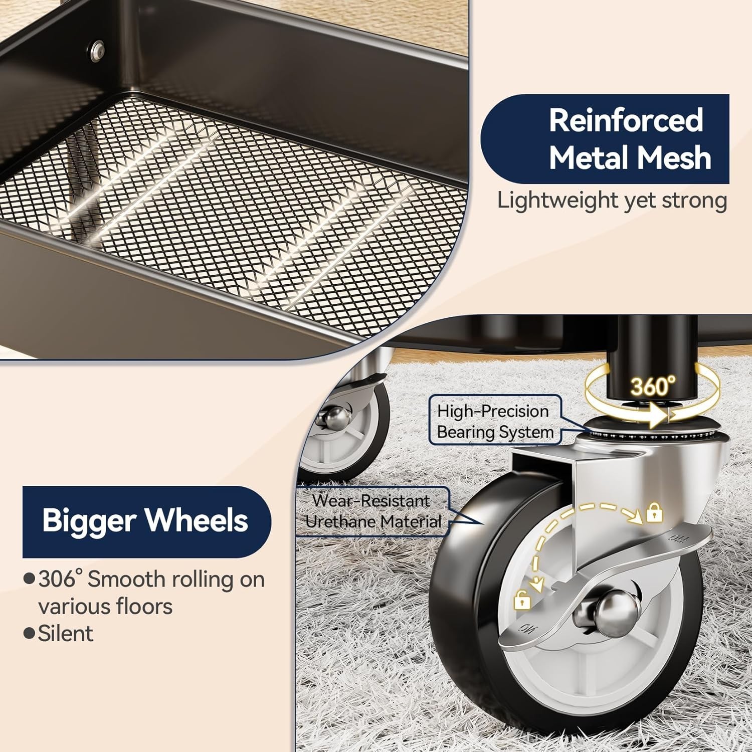Durable 3 Tier Rolling Cart - Lightweight with High Load Capacity for All Spaces