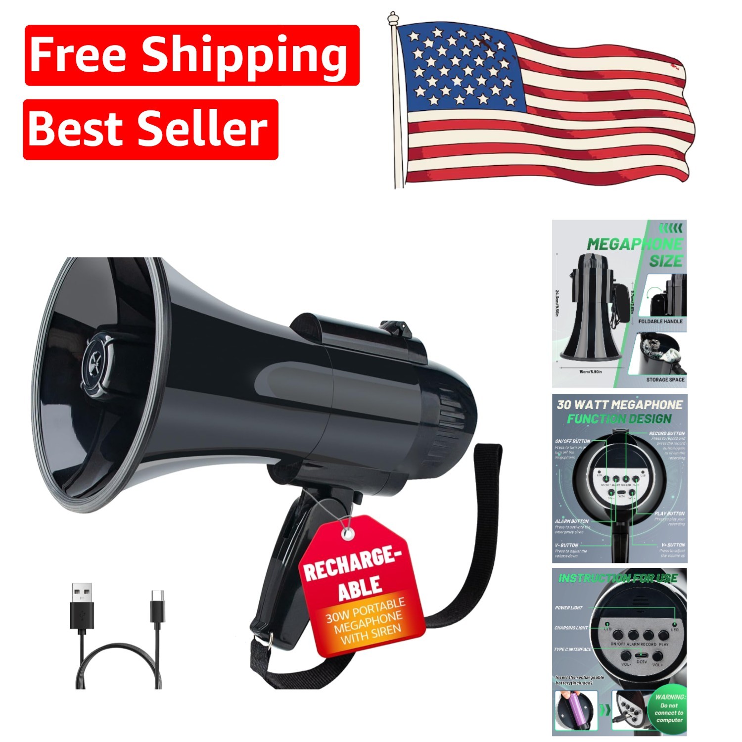 Lightweight 30W Portable Megaphone with Siren and Long-Range Alarm Functionality