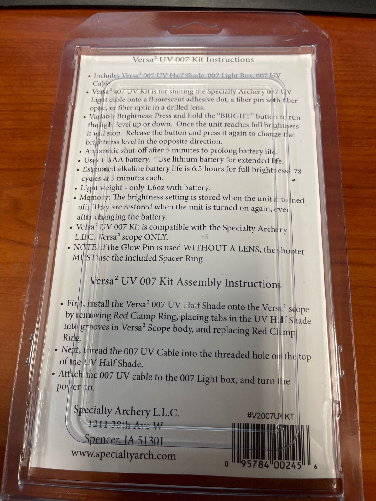 Specialty Archery V2007UVKIT Versa2 Uv 007 Kit Includes Scope Light Cable Half