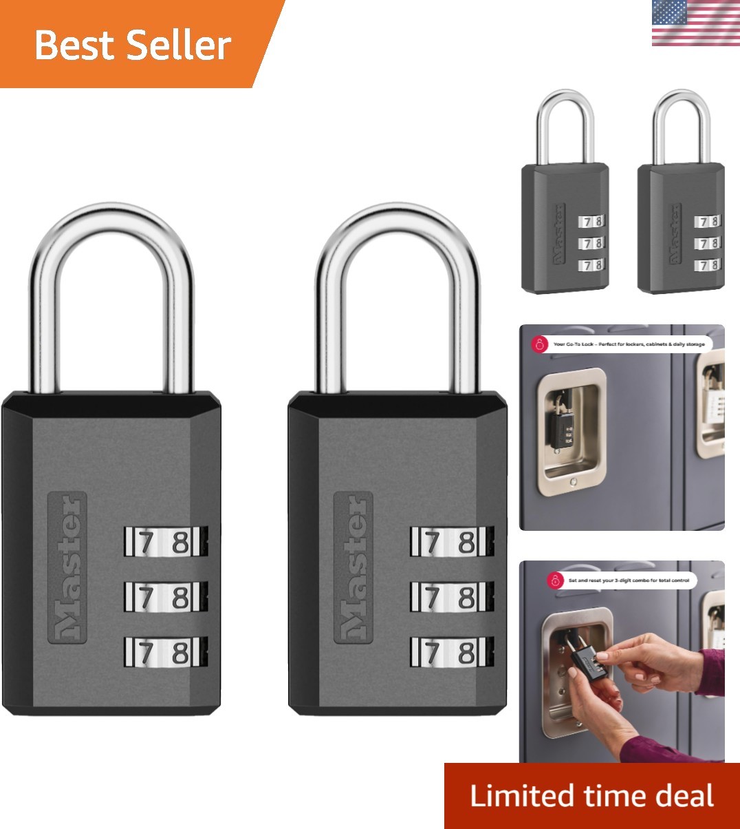 Combination Padlock, Resettable 3-Digit Code 2-Pack 647BLKEC2 | 1-3/16-inch M...