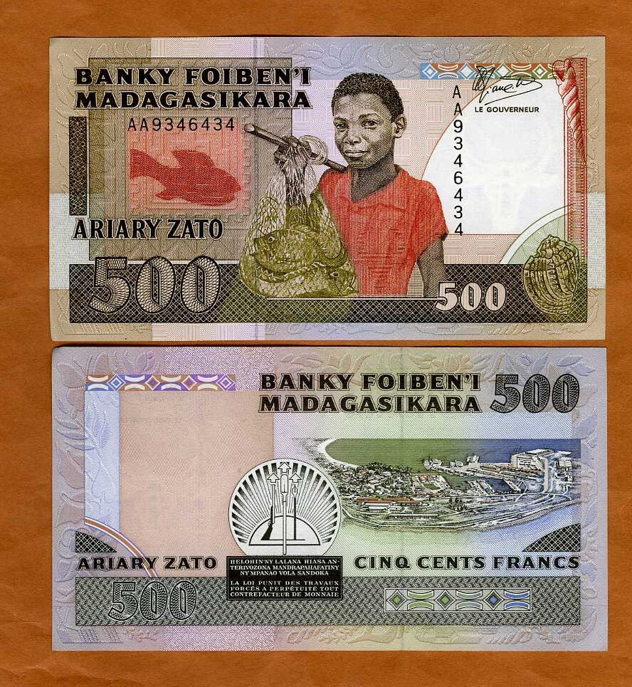 Madagascar, 500 Francs ND (1988) P-71a, AA-Prefix, Boy with Fish aUNC