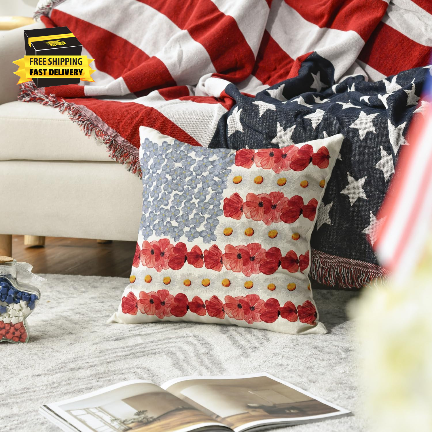 4Th of July Patriotic Independence Poppy Floral Throw Pillow Cover, 18 X 18 Inch
